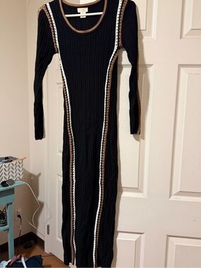 Camila Coelho Black Maxi Dress with Brown & White Trim